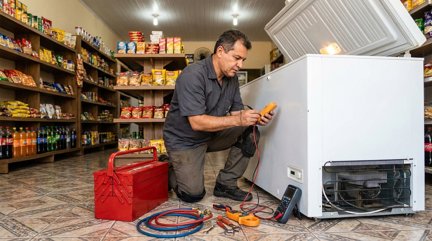 Recarga de gás refrigerante no freezer durante atendimento em São Bernardo do Campo‑SP