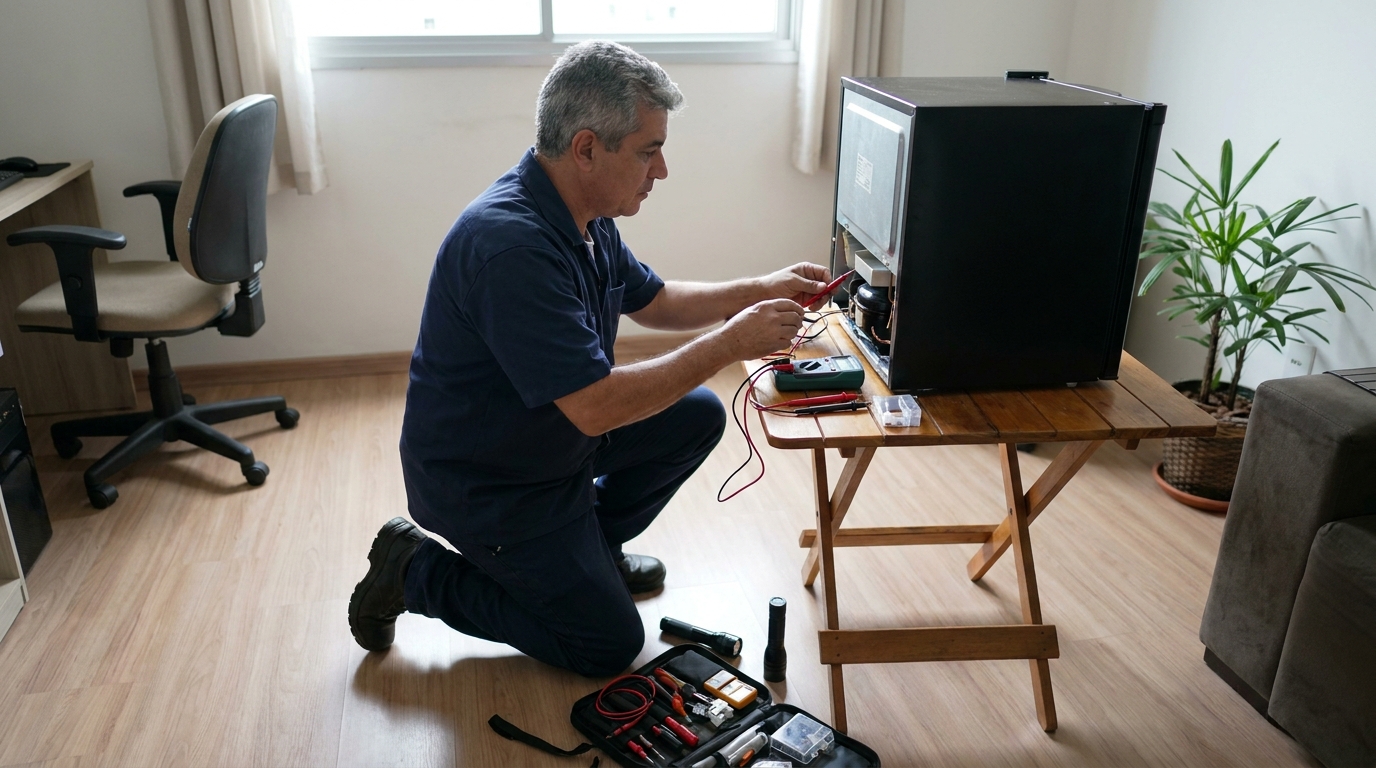 Substituição do termostato de frigobar em atendimento em São Bernardo do Campo‑SP